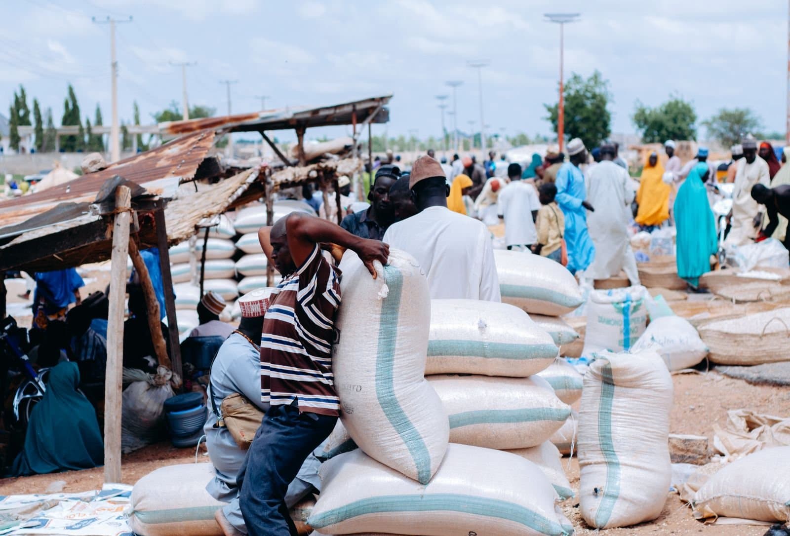 Filled sacks of graded grain lined up at a busy rural grain market, a porter moving a sack onto the stack