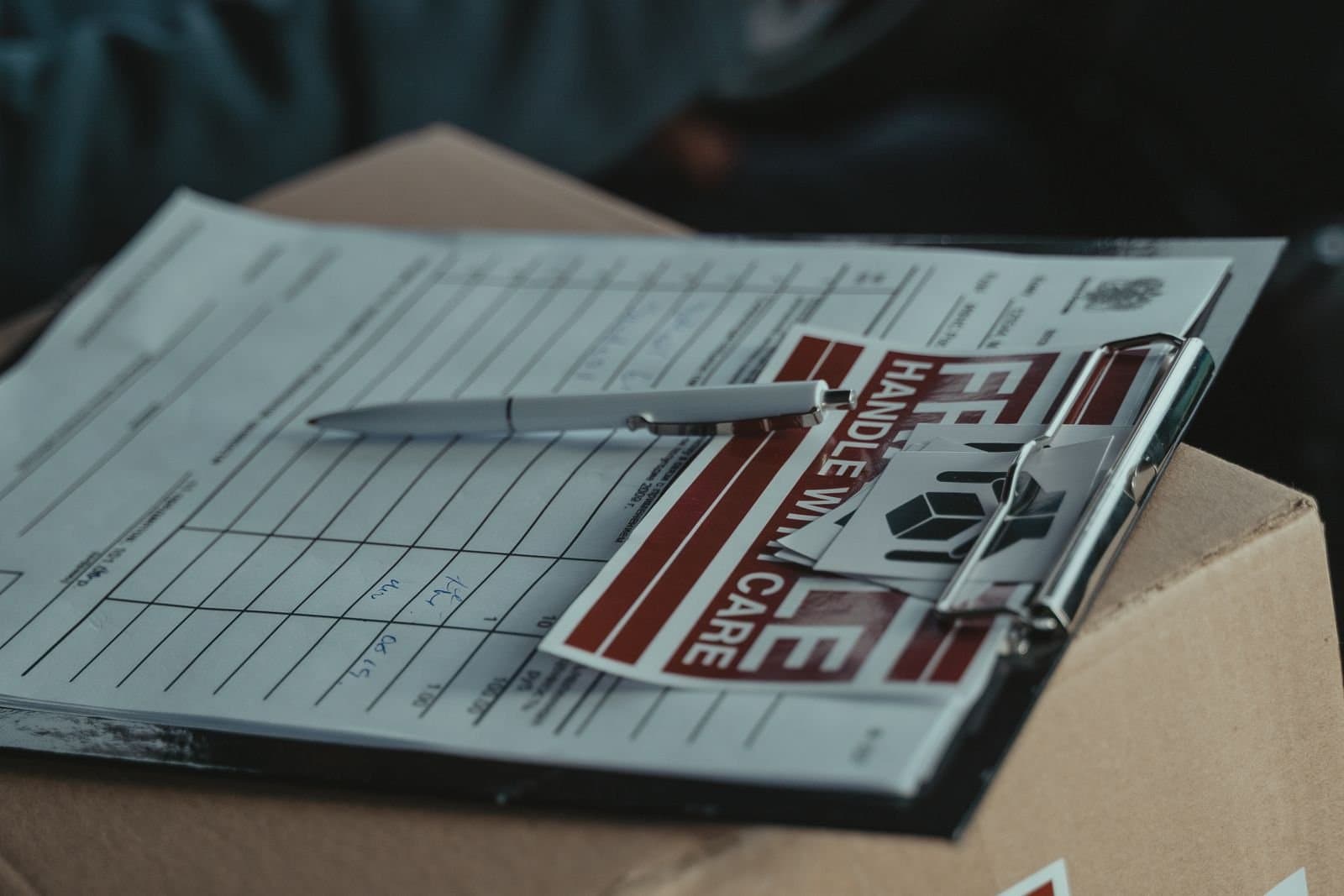 A consignment form on a clipboard with a pen and handling labels, resting on a packed carton