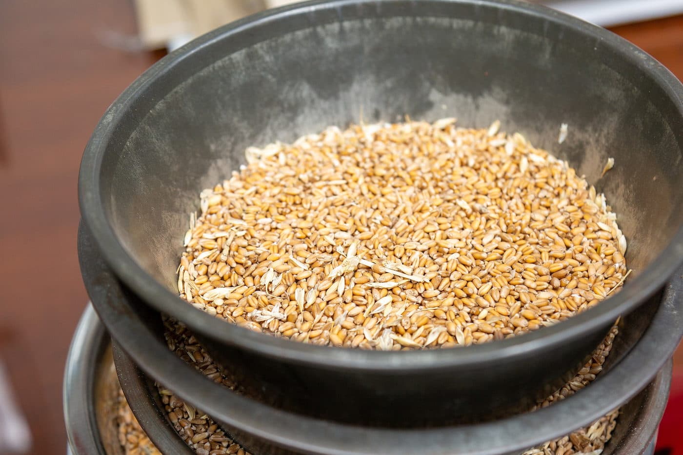 A stack of test sieves: wheat and loose chaff in the top sieve, the finer screenings caught in the sieves below