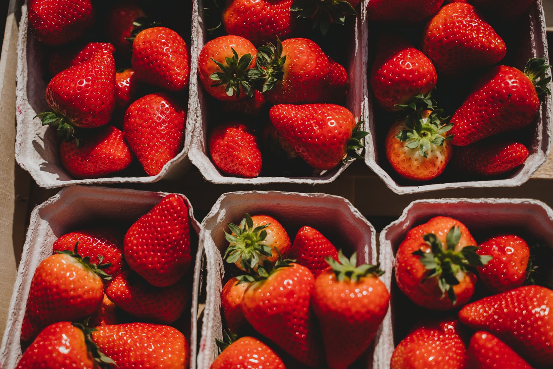Ripe strawberries in six plain grey pulp punnets, seen from above in a tray